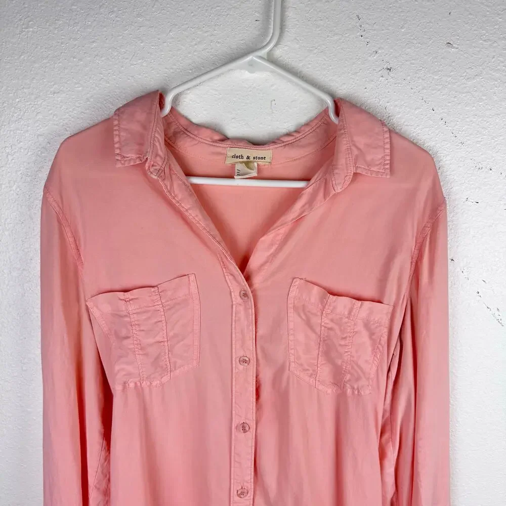 Anthropologie Cloth and Stone Long Sleeve Belted Pink Shirt Dress Womens Sz L